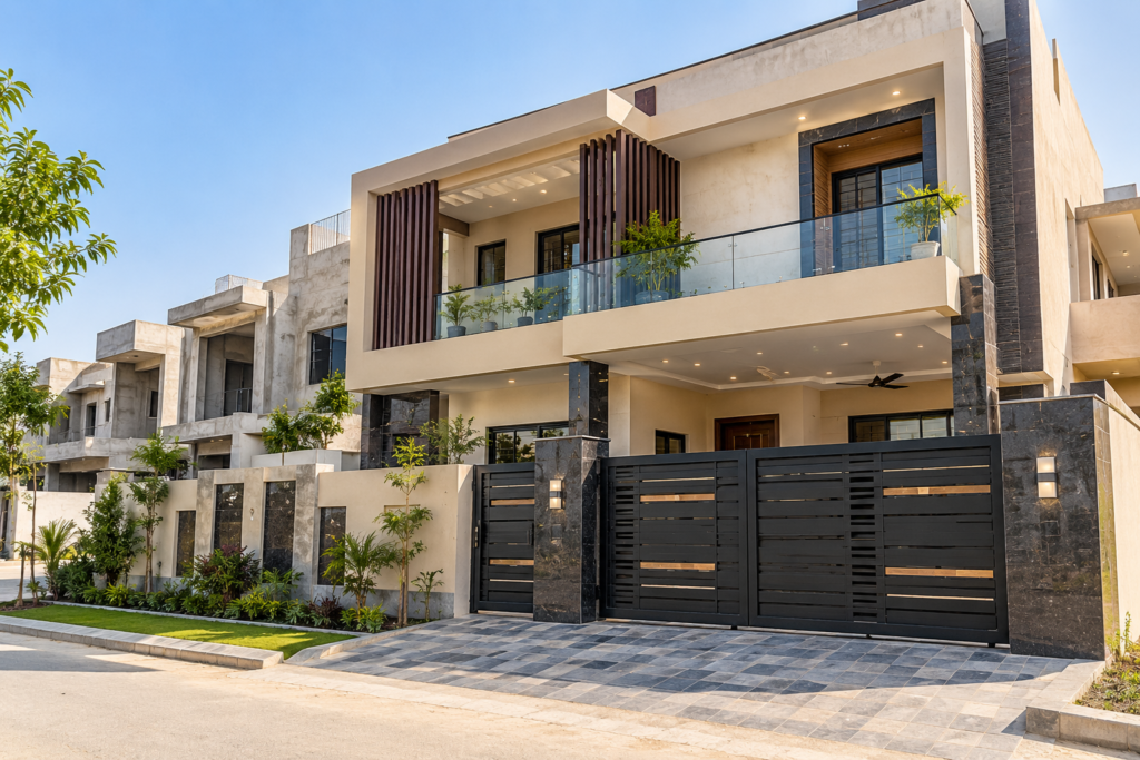 modern beige and charcoal house facade